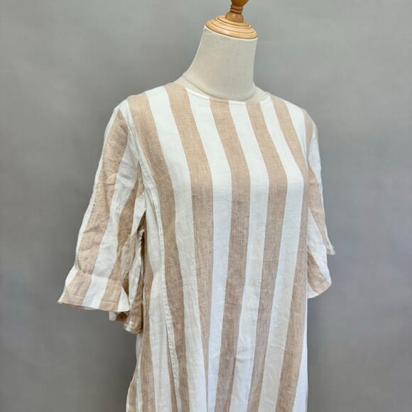 Everlane Linen A-Line Midi Dress Bone White/Caramel Stripe Size 8 Boxy Lagenlook - Picture 8 of 15